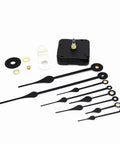 Long Shaft Quartz Wall Clock Movement With Metal Hook For DIY Repair Replacement Battery Operated Mechanism Fits 10mm To 450mm Hands 18mm Shaft 5mm Thread Great For Custom Clocks kit displaying movement, hooks, and various clock hands.