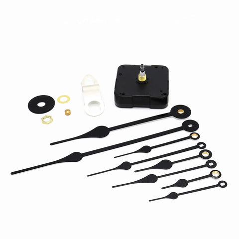Long Shaft Quartz Wall Clock Movement With Metal Hook For DIY Repair Replacement Battery Operated Mechanism Fits 10mm To 450mm Hands 18mm Shaft 5mm Thread Great For Custom Clocks kit displaying movement, hooks, and various clock hands.