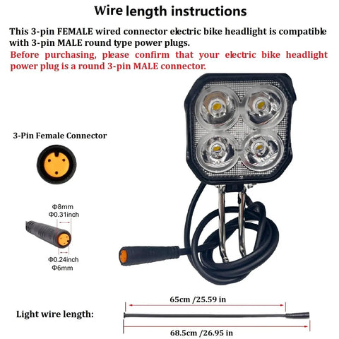 High Visibility E Bike Horn Front Light with 3 Pin Connector, built in horn, super bright for 36V and 48V mountain bicycles.