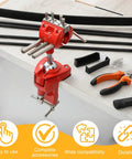 Red Bow Vise For Compound Bows 360 Degree Rotation Professional Bench Mount For Tuning And Setup with tools on a workbench