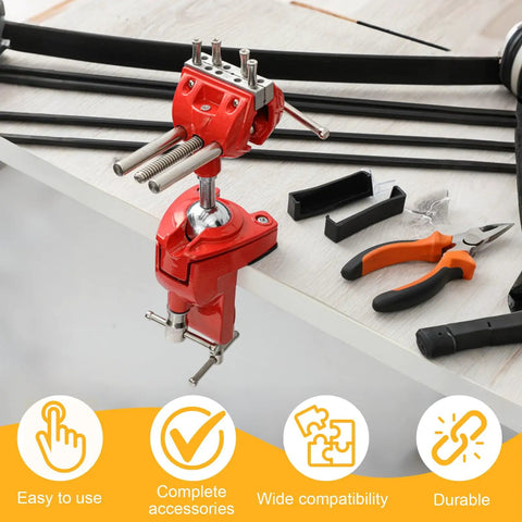 Red Bow Vise For Compound Bows 360 Degree Rotation Professional Bench Mount For Tuning And Setup with tools on a workbench