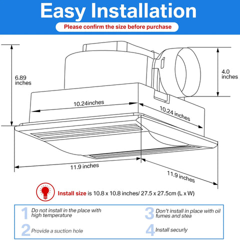 Ultra Quiet Bathroom Exhaust Fan With 15W LED Light, 1.0 Sones, 110 CFM Ventilation, Easy Install diagram with measurements
