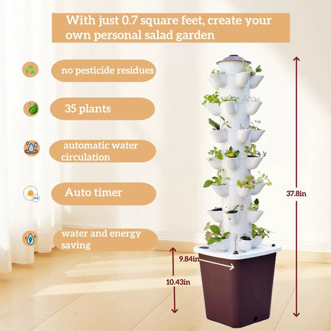 Dope Indoor 7 Tier Hydroponic Garden Tower With 35 Planting Pods shown with features like auto timer and compact size.