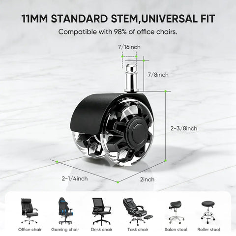 Heavy Duty Five Pack Super Slick Office Chair Caster Wheels With Silent Dual Bearings For Dang Smooth Swivel Glide On Hardwood Or Carpet, showing 11mm standard stem.