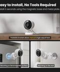 2K Indoor Outdoor Security Camera With Color Night Vision, AI Detection, Magnetic Mount, Wired Setup shown on wood, metal, and wall.