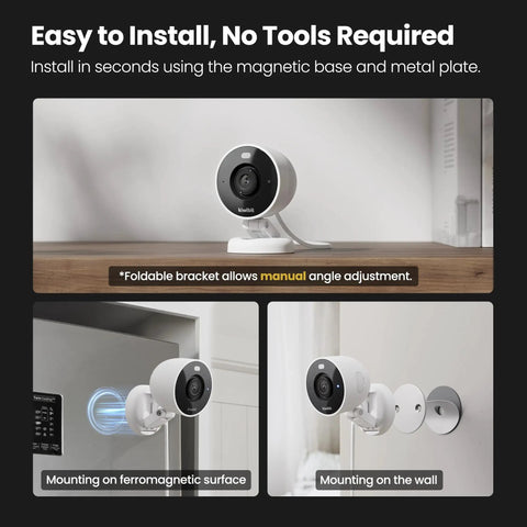 2K Indoor Outdoor Security Camera With Color Night Vision, AI Detection, Magnetic Mount, Wired Setup shown on wood, metal, and wall.