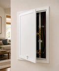 No Sweat Heavy Duty Metal Access Panel For Drywall Wall And Ceiling Concealed Hole Cover Paintable White Access Door For Attic Basement Bath 30X32 Inch with opened door showing plumbing.