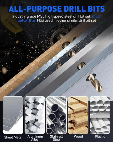 Cobalt Drill Bit Set 29 Pc M35 HSS Tough As Nails Heavy Duty Jobber Length Bits For Hardened Metal Stainless Steel Cast Iron Wood And Plastic With Metal Indexed Storage Case Sizes One Sixteenth To One Half Inch