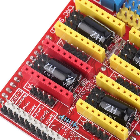 Close-up of Four Channel A4988 V3 Engraver Drive Shield Expansion Board For Arduino CNC And 3D Printer with labeled components.