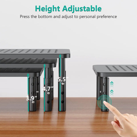 Go To Adjustable Desk Monitor Stand With Laptop Riser And Under Desk Storage, showing adjustable height feature with hand.