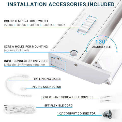LED Swivel Under Cabinet Light Kit With 5 Color Temperature Options, 32 Inch, 18W, dimmable, installation accessories