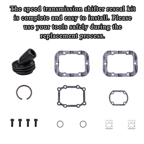Shifter Reseal Kit For 5 Speed Transmissions With Complete Gasket Set And Hardware For 1987 To 2001 Ford F Series Three Quarter Ton And One Ton Trucks Includes Shifter Housing Gaskets Boots O Rings Snap Ring Bolts And Guide Inserts. kit parts layout