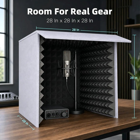 Game Changing Portable Vocal Booth With Heavy Duty Acoustic Foam For Podcasters, 28x28x28in, with mic and interface.