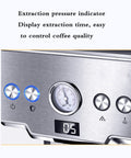 Close-up of LED display and extraction pressure indicator on Home Barista Style Espresso Maker With 15 Bar Pump Pressure, 1450W Power.