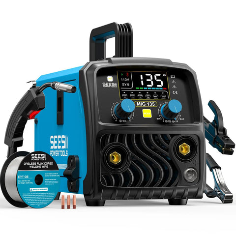 135A MIG Welder 110V 3 In 1 Gasless Flux Core Lift TIG Stick Welding Machine with digital display and accessories