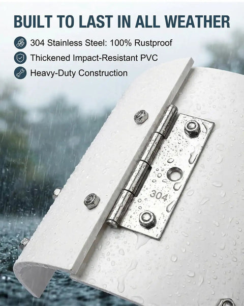 Close-up of 304 stainless steel hinge and thick PVC shield for Skip The Wet Driveway Hassle Solid Hinged Adjustable Sprinkler Guard.