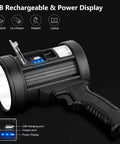Rechargeable Spotlight With 2,000,000 Lumens, Handheld Hunting Flashlight with USB ports and power display close-up
