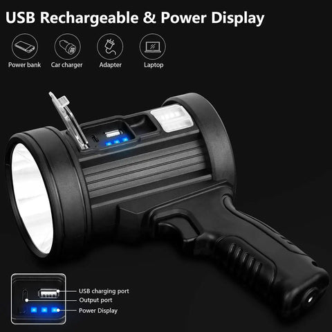 Rechargeable Spotlight With 2,000,000 Lumens, Handheld Hunting Flashlight with USB ports and power display close-up