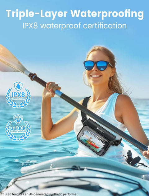 Person kayaking with a Triple Seal IPX8 Waterproof Fanny Pack With Touch Screen Dry Bag, clear water and blue sky in background