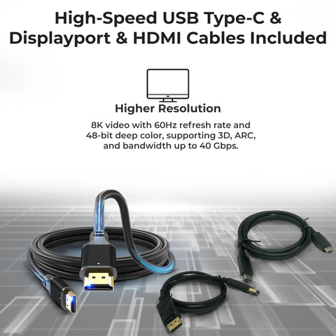 Kickass Thunderbolt 5 Docking Station SD25TB5 With 300W Power Delivery Supports Quad 4K Displays Adds Displayport And Hdmi Usbc Cables For Slick Smooth Operation, showcasing USB Type-C and Displayport cables.
