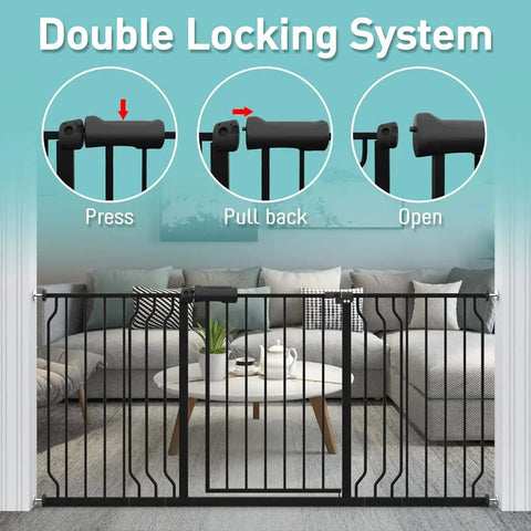 Extra Wide Walk Through Baby Gate For Stairs Doorways And Kitchen 62.19 To 66.92 Inches Adjustable Pressure Mounted Auto Close Black Metal Safety Gate for Toddlers Kids Dogs Pets with double locking system in living room.
