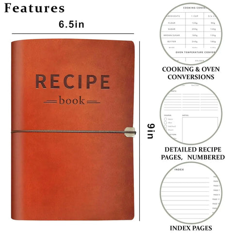 Leather Recipe Book With Index Pages And Templates, The Ultimate Recipe Notebook For Recording Your Own Dishes, 6.5x9 in size