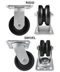 Tough As Nails 4 Inch Cast Iron V Groove Caster Set With Two Rigid And Two Swivel Rollers double row ball bearings close-up view.
