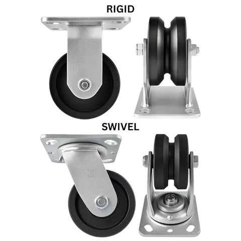 Tough As Nails 4 Inch Cast Iron V Groove Caster Set With Two Rigid And Two Swivel Rollers double row ball bearings close-up view.