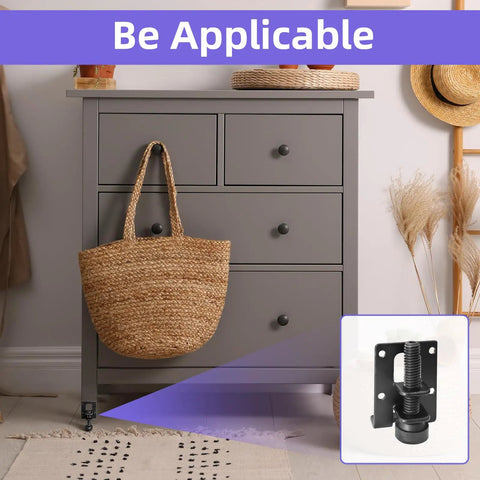 Scene with gray cabinet using 16 Piece Adjustable Leveling Feet Set For Cabinets, Wardrobes, And Tables, 2.2 Inch L Shaped Heavy Duty Metal Levelers With Screws And Wrench, Black Finish, Includes Lock Nuts For Precise Height Adjustments.