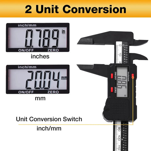 Six Inch Digital Caliper for Precise DIY and Machining, Quick Inch or Millimeter Switch, Four Measurement Modes, Rugged Carbon Fiber Composite Housing, Portable 0 to 6 Inches (0-150 mm), 0.01 Inch (0.1 mm) Resolution, High Accuracy with inch/mm display