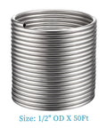 Stainless steel wort chiller coil, 1/2 in OD x 50 ft, food-grade 304 stainless steel.
