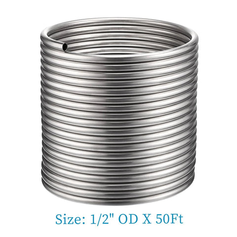 Stainless steel wort chiller coil, 1/2 in OD x 50 ft, food-grade 304 stainless steel.