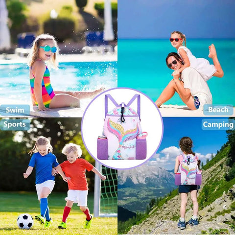Mermaid Swim Bag For Kids Drawstring Backpack For Girls Beach And Pool Waterproof Wet Dry Bag with kids at pool and beach
