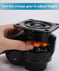 Heavy Duty Leveling Casters Set For Industrial Machinery And Workbenches Retractable Plate Wheels with adjustable orange gear for height.