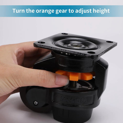 Heavy Duty Leveling Casters Set For Industrial Machinery And Workbenches Retractable Plate Wheels with adjustable orange gear for height.
