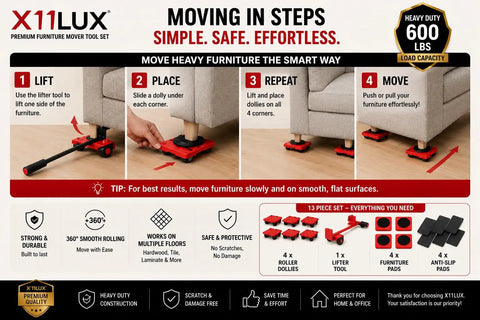 Easy Moving Furniture Set With 360 Swivel Wheels Heavy Duty Lifter Kit for sofa moving steps and included tools.