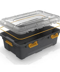 Tough As Nails 12 Gallon Waterproof Storage Tote With Clear Polycarbonate Lid and Heavy Duty Latches, gray and transparent design.