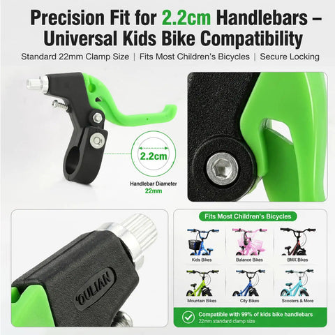 Universal Kids Bicycle Brake Levers Set, Easy Grip Pair For Small Hands, 2.2 cm Black and Green Handlebar Compatibility