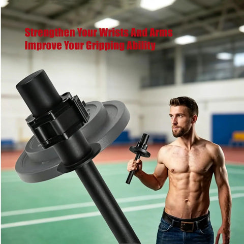 Man using Multi Functional Game Changing Wrist Strength Trainer For 2 Inch Olympic Plates in a gym setting
