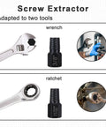 Ten Piece Hex Bolt Extractor Kit For Stripped Screws And Damaged Fasteners Easy Out Set shown with wrench and ratchet use