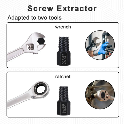 Ten Piece Hex Bolt Extractor Kit For Stripped Screws And Damaged Fasteners Easy Out Set shown with wrench and ratchet use