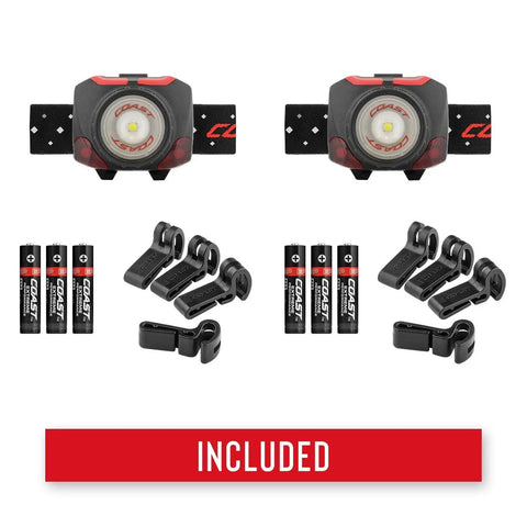 Dual Color Focusing LED Headlamp 575 Lumen 2 Pack With White And Red Beams For Night Vision, batteries and clips included