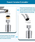 Diagram of Dual Function Chrome Kitchen Faucet Aerator With 360 Swivel Spray showing female thread and adapter use.