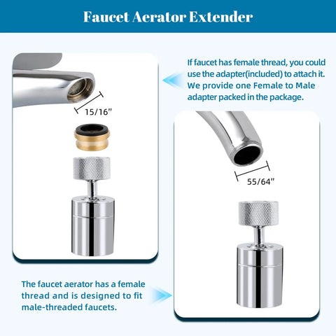 Diagram of Dual Function Chrome Kitchen Faucet Aerator With 360 Swivel Spray showing female thread and adapter use.
