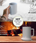 Heavy Duty 12 Oz Stainless Steel Self Heating Coffee Mug With Lid And Smart Charging Coaster on wooden table with fire background.
