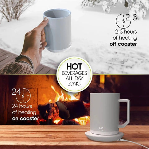 Kick Back With This Sick Stainless Steel Self Heating Coffee Mug Featuring Gravity Sensor Automatic Warmer Coaster And Spill Proof Travel Lid To Keep Your Daily Grind Hot At Work Or Play, showcasing different heating times.