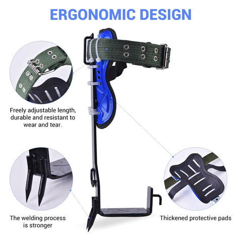 Beefed Up Tree Climbing Kit With Anti Slip Footboards And Tool Set For Rock Climbing, Tree Trimming, Hunting, And Fruit Picking, Rust Resistant Carbon Steel Gear Built To Handle 220 Lb Weight, Forestry Operation Essential showing ergonomic design and durable straps