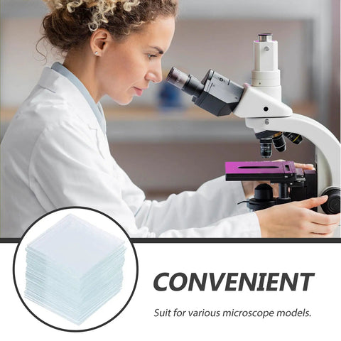 Scientist using microscope with 100 Count Square Cover Glass Microscope Slides Kit with Crystal Clear Glass nearby