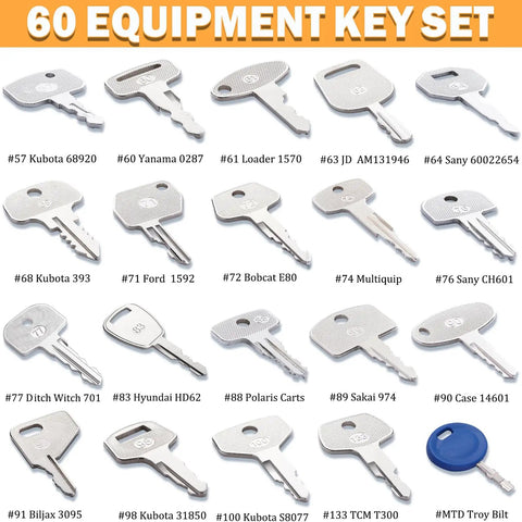 60 Piece Heavy Equipment Keys Master Set For Construction Machinery Pro Grade Ignition Keys Kit For Tractors Loaders Excavators Dozers And More Compatible With Most Major Brand Machines On Site; assorted metal keys
