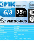 Beefy 35 Foot 6 AWG 3 Conductor NmB Electrical Cable With Ground Solid Copper Wire For Home Run And Heavy Duty Residential Power Upgrades 600 Volt UL Certified Pro Grade Build Quality labeled specifications